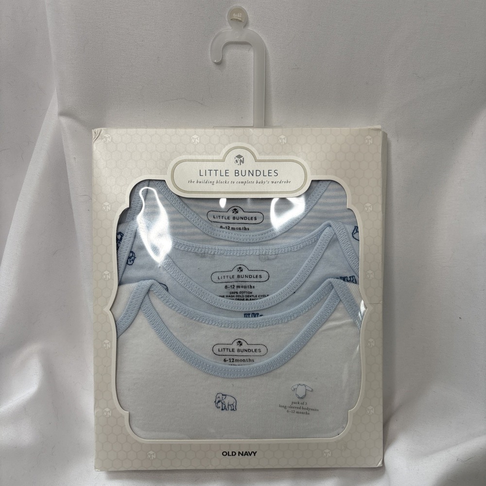 Old‎ Navy Little Bundles 100% Cotton 6-12 Mos 3 Pack Long Sleeve Bodysuits Blue